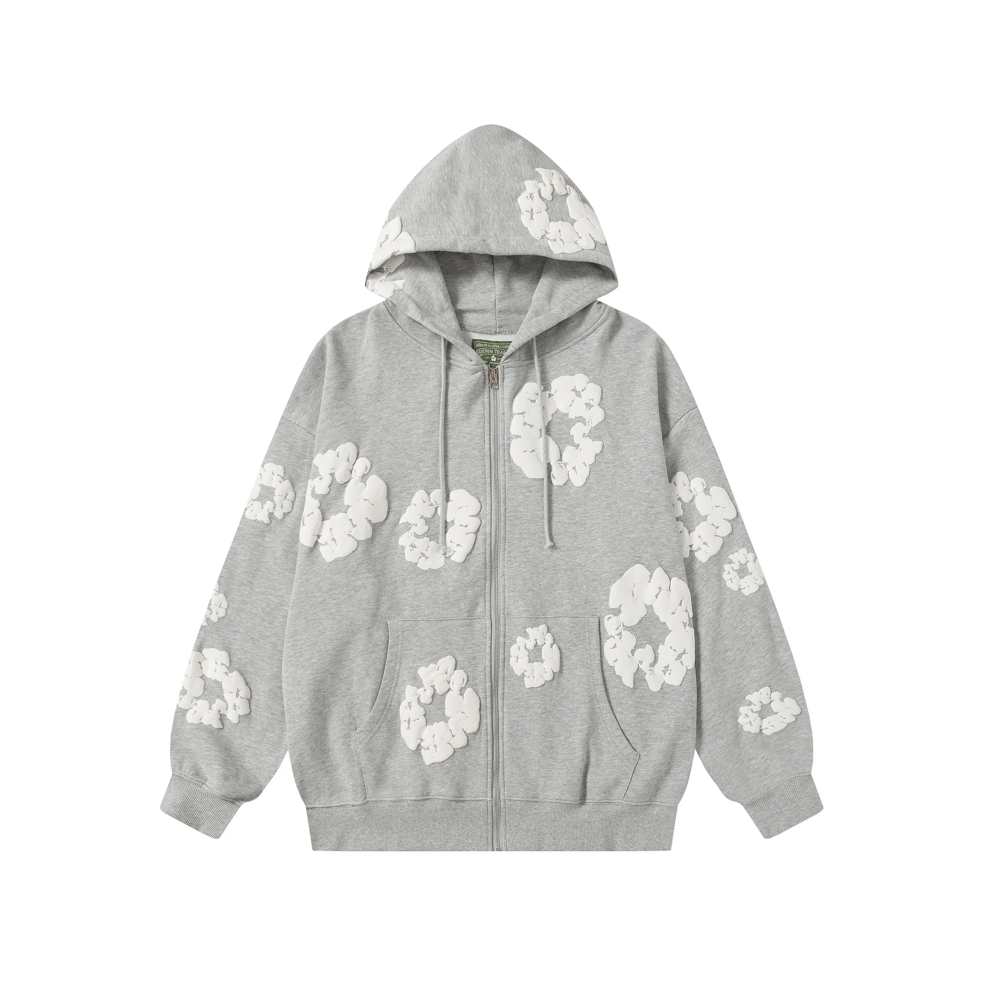 16 colors DENIM TEARS Kapok European and American trendy brand high-quality foam printed hooded sweatshirt jacket. Terry fabric weighs 380 grams. Threads are customized and dyed in the same color. Color Black Gray Blue Green Royal Blue Purple Red Orange Colorful Blue Pink White Sky Blue Brown Carbon Gray Black Gray White White Size S-XL